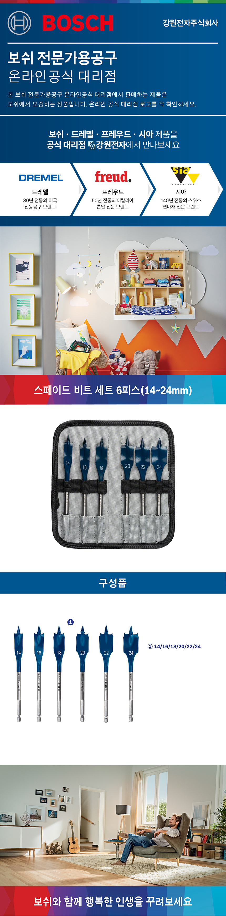보쉬 14~24mm 목재용 스페이드 드릴비트 세트(6Pcs/2608595424)