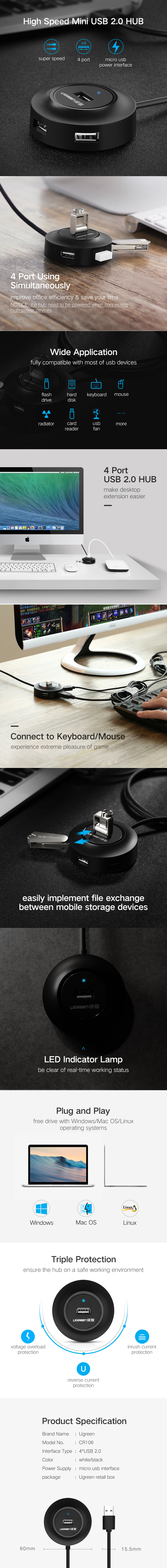 유그린 20278 USB 2.0 스마트폰 OTG USB 허브 1m