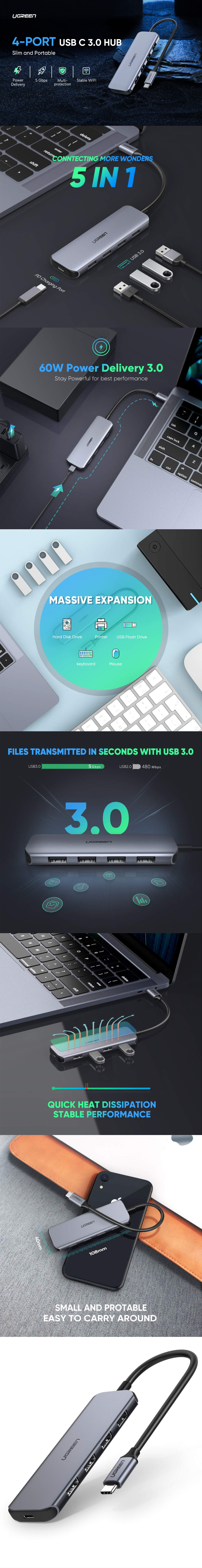 유그린 50312 USB 3.0 타입C to USB 3.0 4포트 멀티허브 0.15m