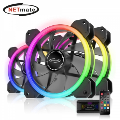 강원전자 넷메이트 Dual Ring ARGB 120mm 쿨링팬(블랙/3PACK + 팬허브 + 리모컨) [EZDIY-FAB]